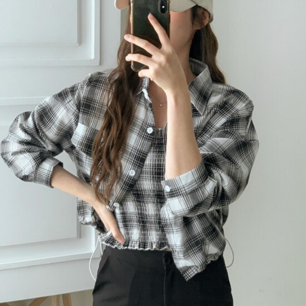 New Arrivals Open Run Smocking String Tank Tube Crop Two Piece Check Shirt