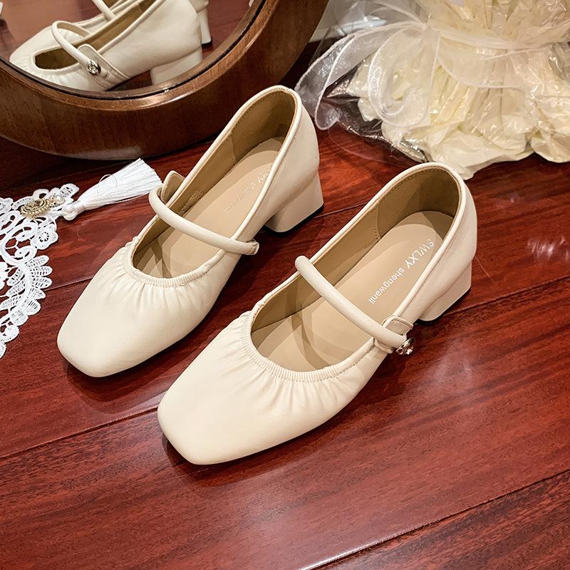 2025 neue Frühling- und Sommer-Dameneinzelchuhe mit quadratischer Spitze aus weichem Leder, dicker Absatz, mittlerer Absatz, Arbeitslederschuhe, Kunstleder-Damenschuh