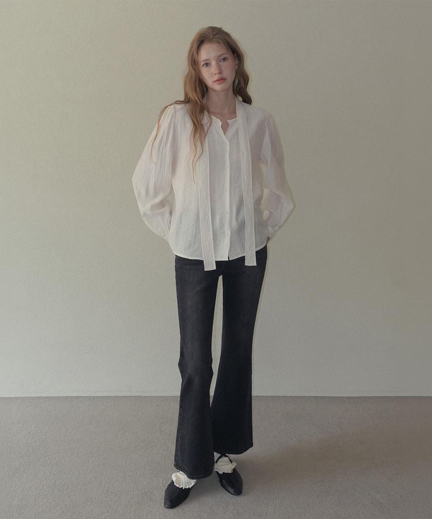 TWEE Birkin Wrinkle Pintuck Tie Long Sleeve Blouse