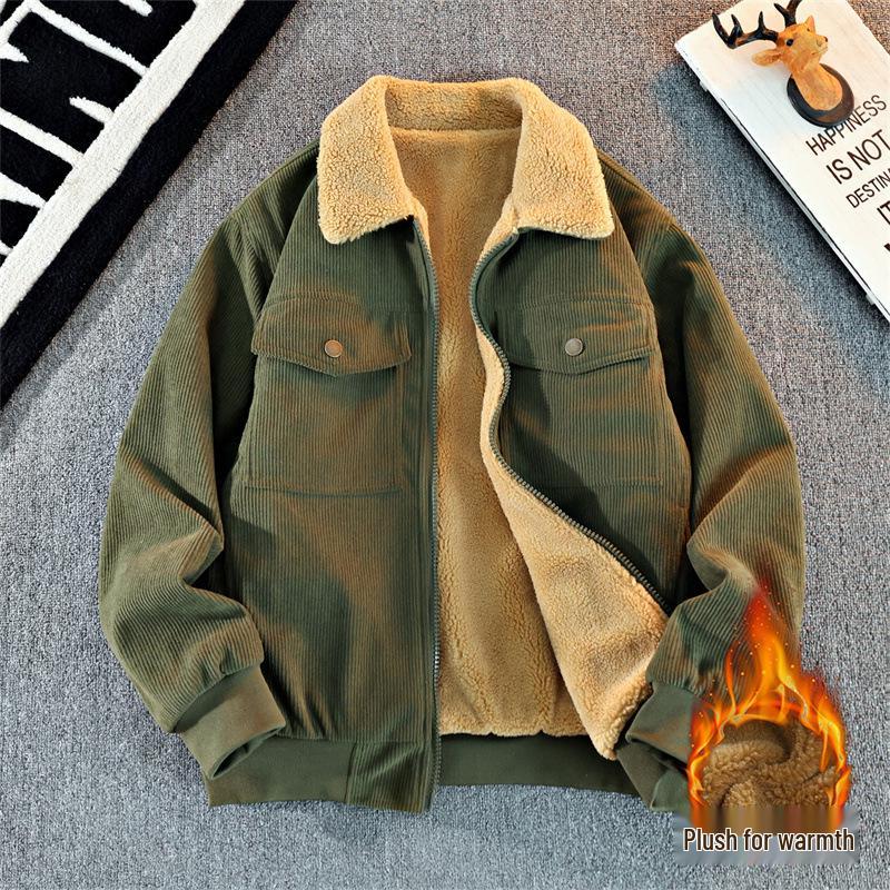 Men's Thick Corduroy Jacket with Fleece Lining - Long Sleeve Warm Cotton Outerwear