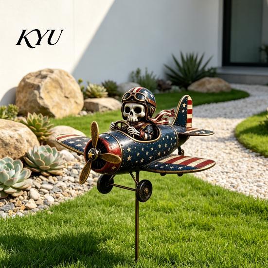Unique Cemetery Decoration Metal Skeleton Pilot Airplane Wind Spinner with Ground Stake, Vintage American Flag Garden Halloween Stake Yard Rustic Iron