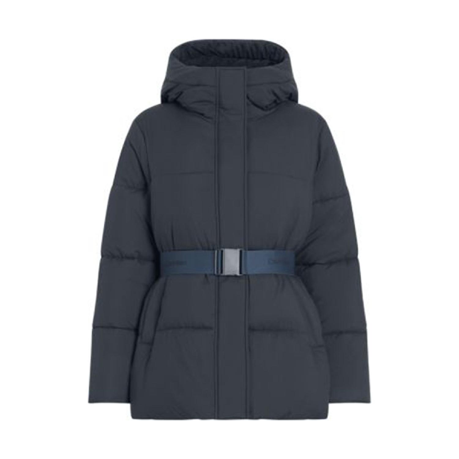 

Джинсы Темно-синие женские пуховики с поясом и логотипом Короткие пуховики M тёмно-синий