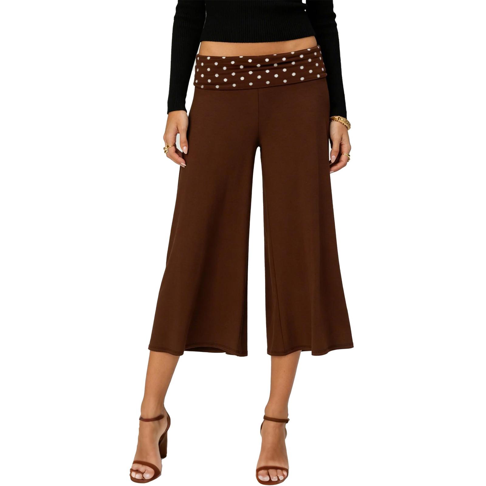 

Cropped Pants for Women Wide Leg Elastic High Waist 3/4 Pant Casual Fit Flowy Casual Pants S коричневый