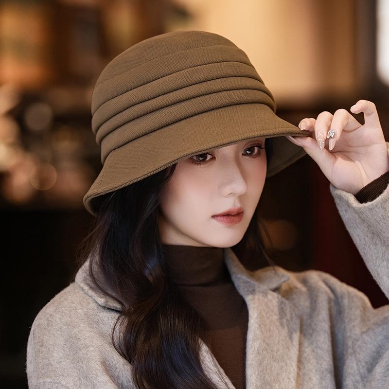 Japanese Style Retro Versatile Pleated Fisherman Hat Autumn and Winter Hat Women's Warm Bucket Hat Outdoor Windproof Basin Hat
