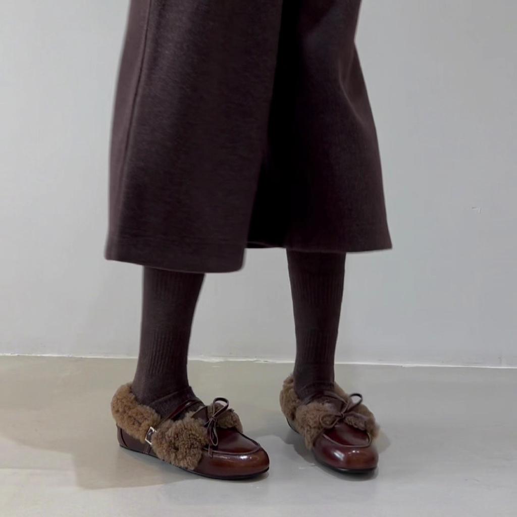 Autumn and winter bow velvet Mary Jane fluffy shoes women's warm small leather shoes