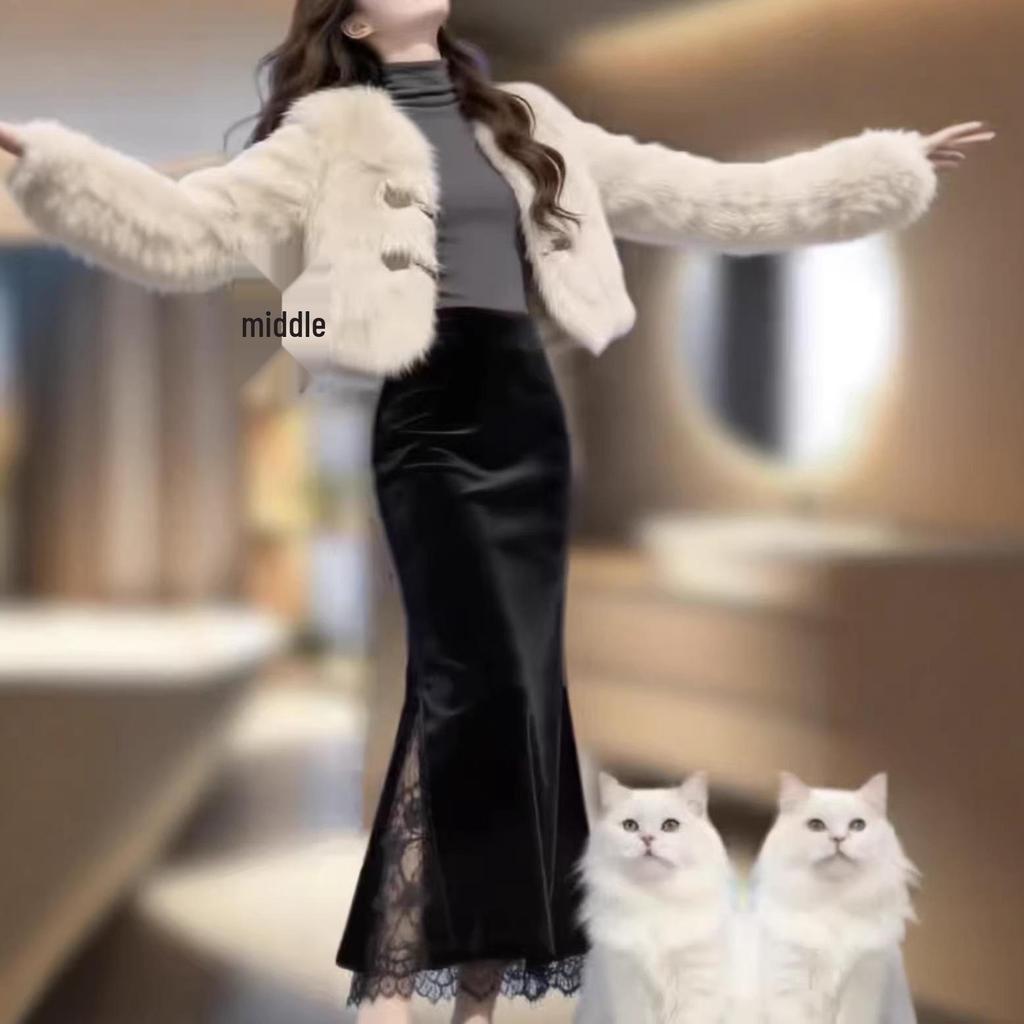 Eleganter schwarzer High-Waist-Midi-Rock aus Samt mit Spitze und Schlitz für Damen