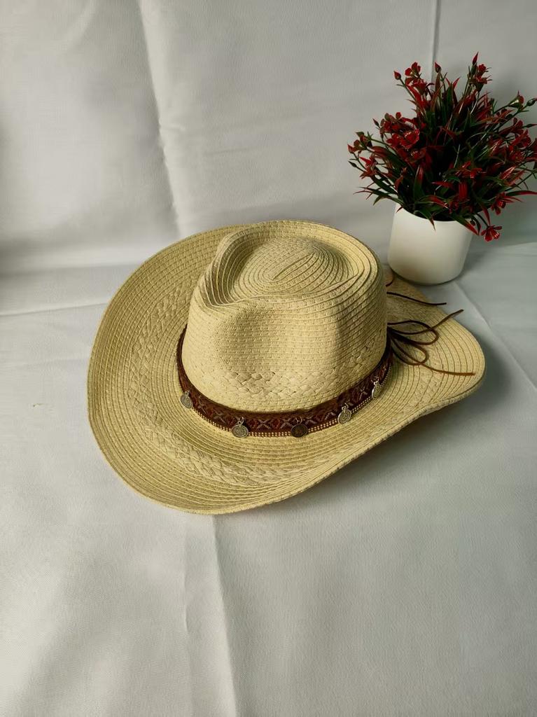 New Retro Ethnic Style Cowboy Hat Men's and Women's Cone Top Holiday Seaside Travel, Showing a Small Face, Fashionable Straw Hat