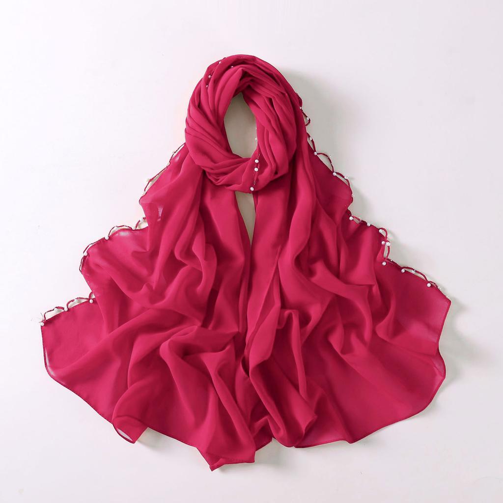 Pearl Edge Chiffon Hijab Scarf Women Muslim Long Shawl Soft Plain Head Wrap Beaded Border Lightweight Islamic Turban