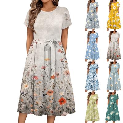Women's Summer  Casual Floral Print  Round Neck Midi Dress Basic Classic Outdoor Everyday Short Sleeve Loose Dress