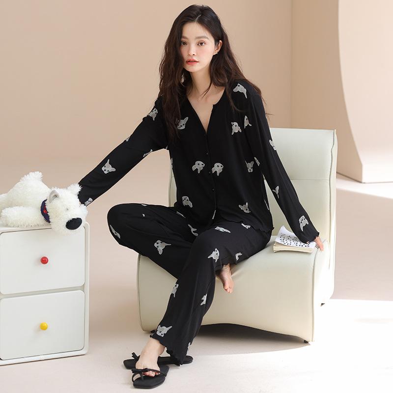Pajamas Women's Autumn Soft Modal Thin Long Sleeve Puppy Black Spring and Autumn Loungewear Set