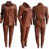 Casual Women Solid Color Faux Leather Turn Down Collar Shirt Pants Two-piece Set