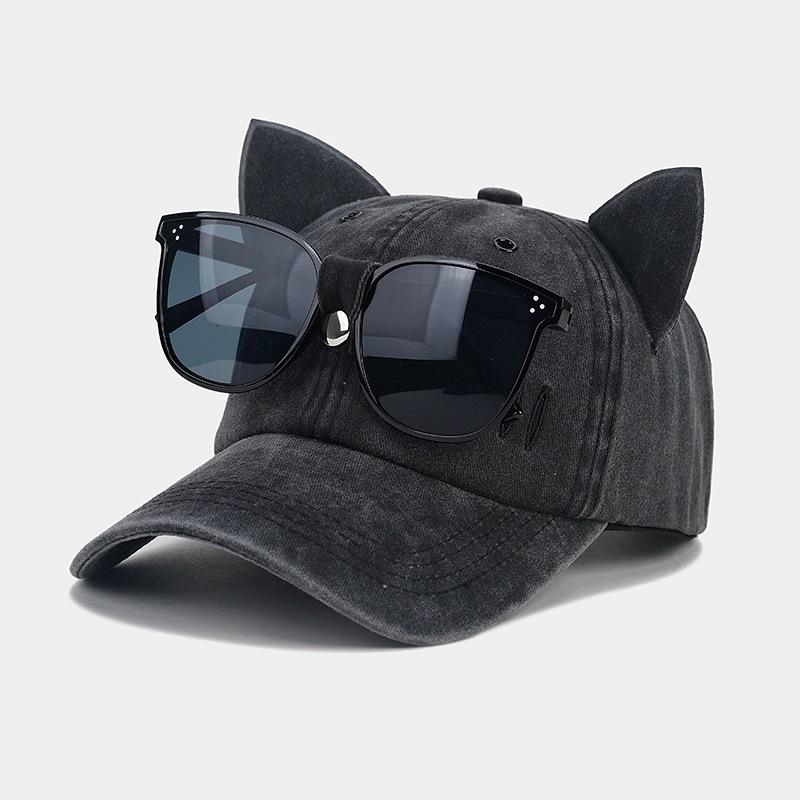 Cute cat ears pilot glasses baseball cap women street trend washed old cap outdoor sun protection cap