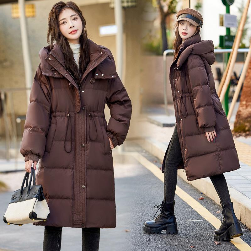 

2024 Пуховик с капюшоном длиной до колена с кулиской на талии - Теплый, Легкий, Пух белой утки M (90-110 jin) кофейный