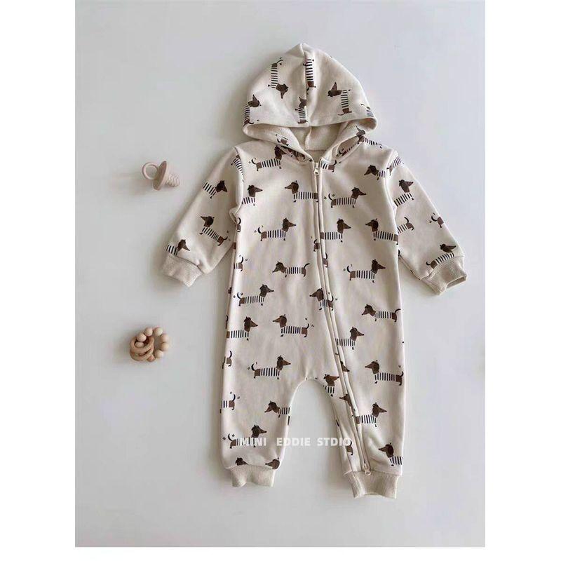 Korean Style Ins Moon and Puppy Pattern Side Zipper Long Hooded Spring and Autumn Jumpsuit for Baby Boys and Girls Cotton