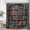 Vintage Bookshelf Shower Curtain Retro Book Green Plant Leaves Modern Fabric Home Wall Hanging Bathroom Curtain Decor with Hoo