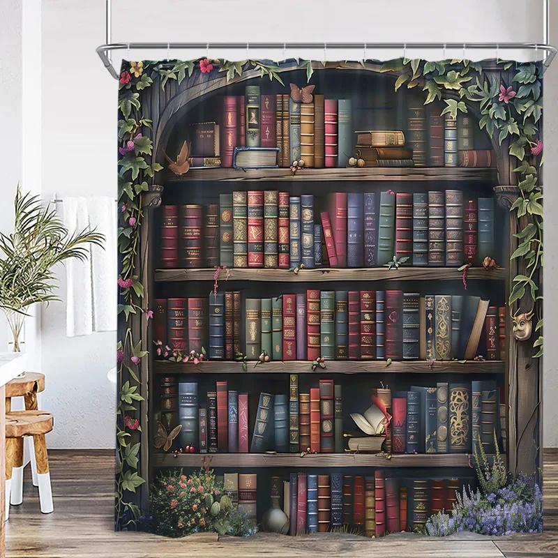Vintage Bookshelf Shower Curtain Retro Book Green Plant Leaves Modern Fabric Home Wall Hanging Bathroom Curtain Decor with Hoo