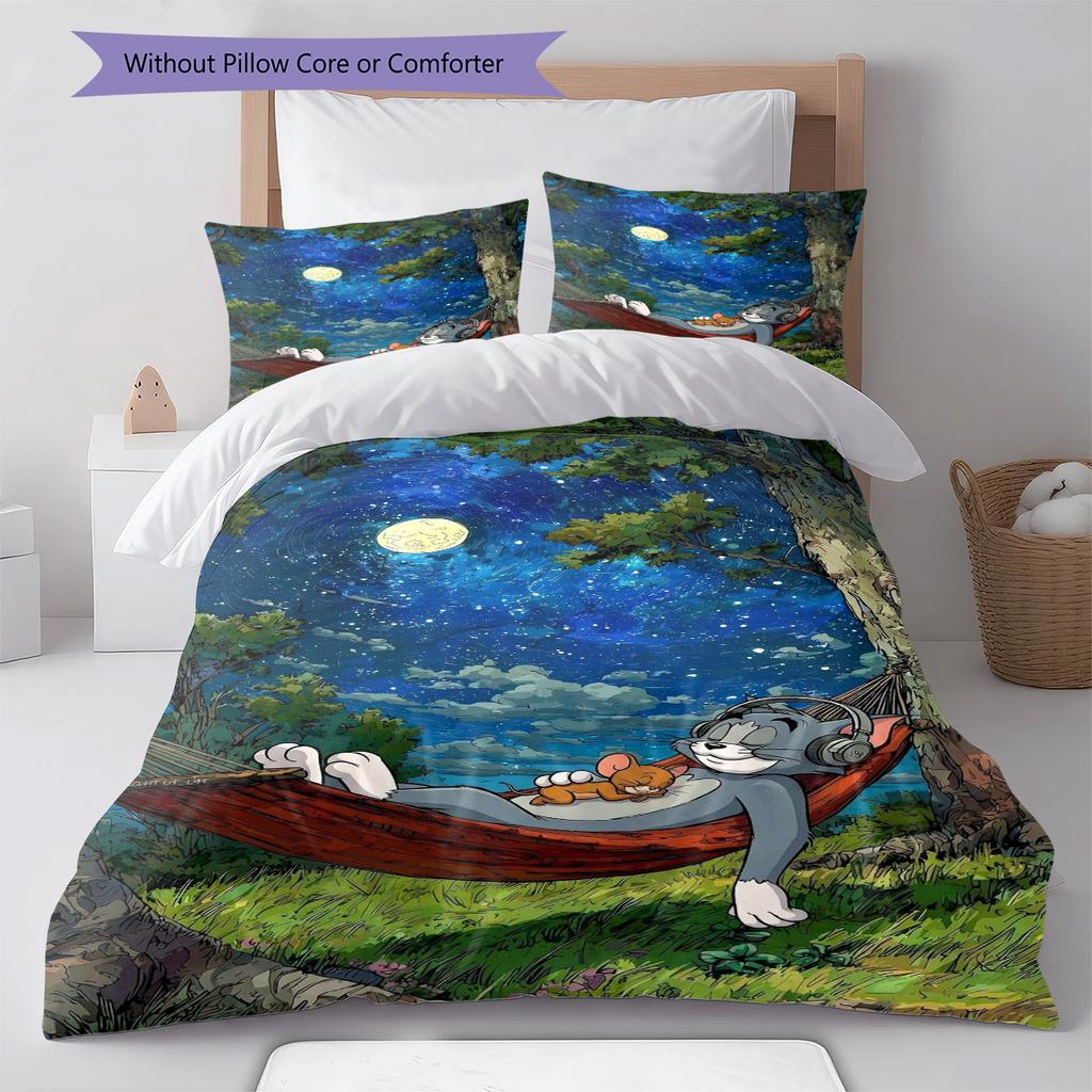 Mouse Cat Cartoon Pattern Bedding Set Quilt Cover Pillowcase Home Decor Gift (1 * Duvet Cover + 2 * Pillowcase, Without Core)