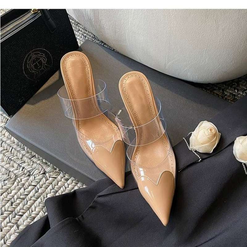 Transparent pointed love high-heeled slippers wear 2025 new French sexy thin-heeled light-mouth temperament high-heeled shoes