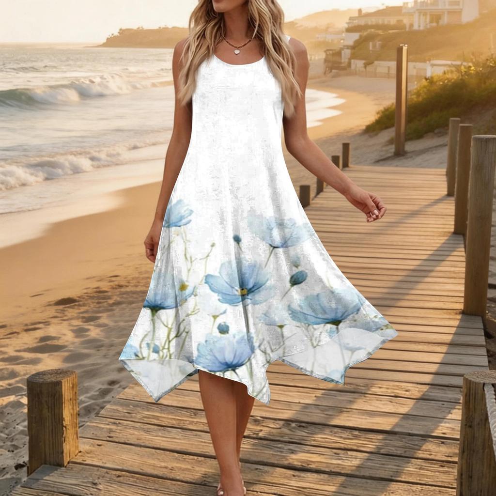 Women Sleeveless Crew Neck Floral Print Asymmetric Hem Midi Dress Casual Loose Fit Summer Sundress for Daily Wear