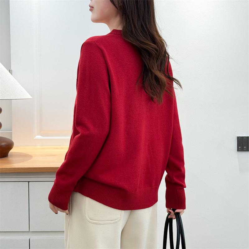 2026 Spring Plus Size Red Jacquard Knit Cardigan for Women - Long Sleeve Sweater, New Year Style for Chubby Girls