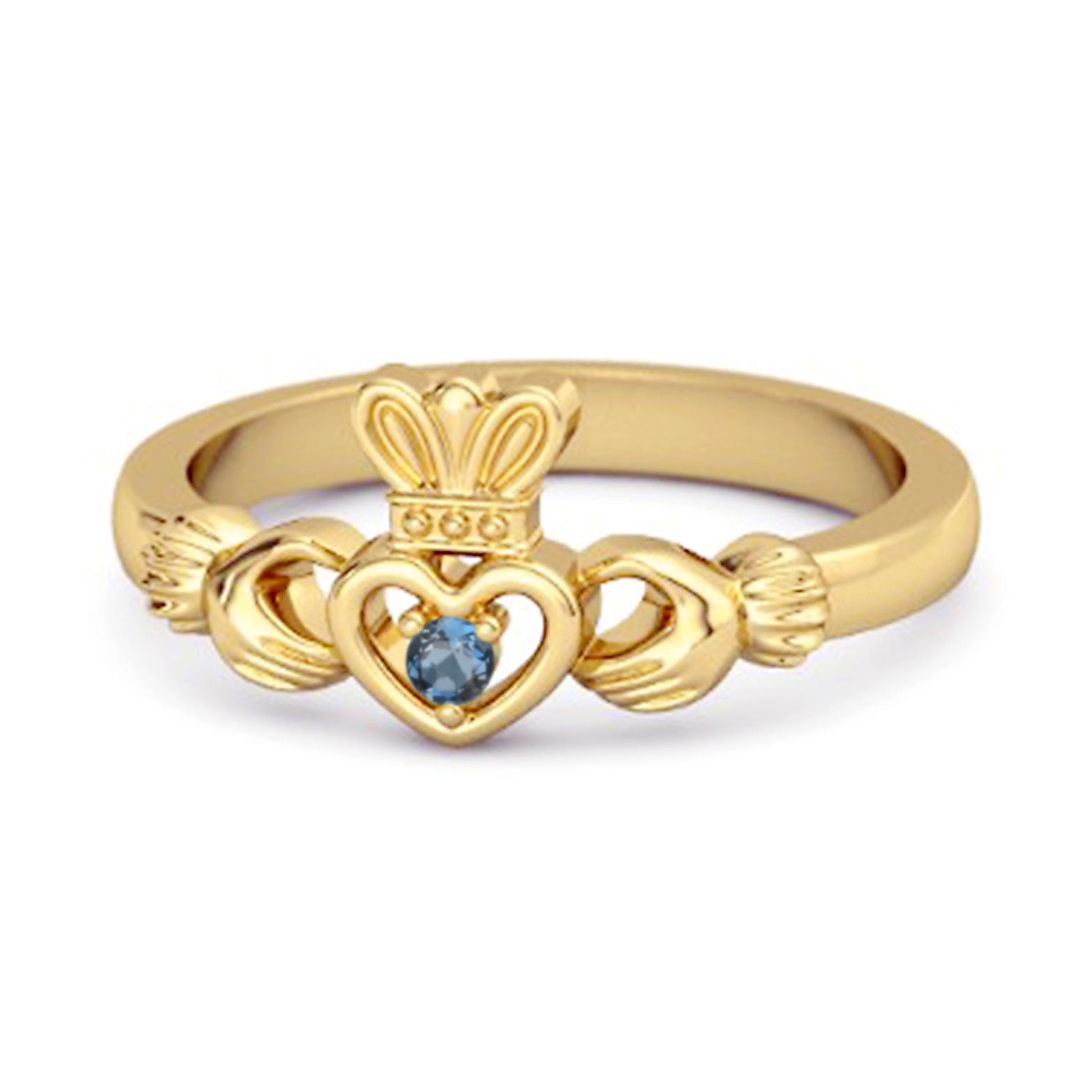London Blue Topaz Claddagh Irish Heritage Symbol Ring - 925 Sterling Silver Gold Vermeil 10