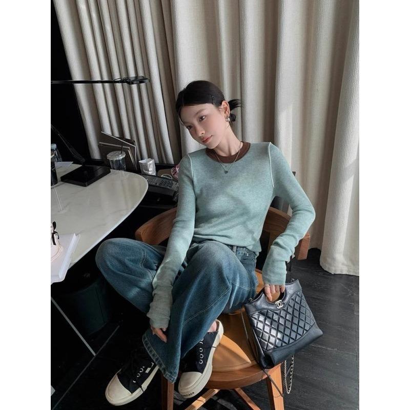 Spice Girl Slim-fit Thin Knitted Bottom Shirt Women's Autumn Contrast Color Splicing Skinny Long Sleeve Top Sweater