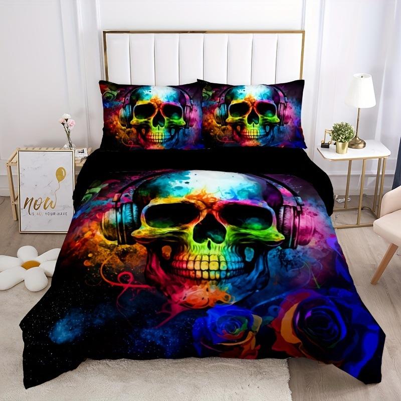 Color Skull Digital Printing Quilt Cover Bedding Home Textile Polyester Quilt Cover Three-Piece Set