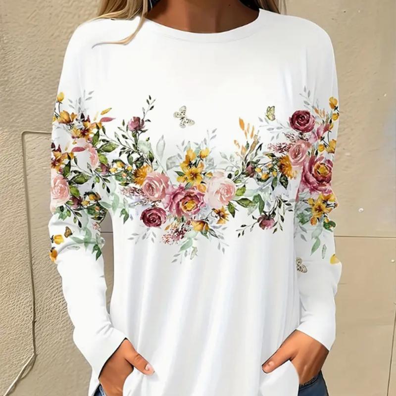Tops For Women Colorful 3D Flowers Print Round Neck Long Sleeve T-shirt Fall Casual Slim Pullover Women's Long Sleeve Top