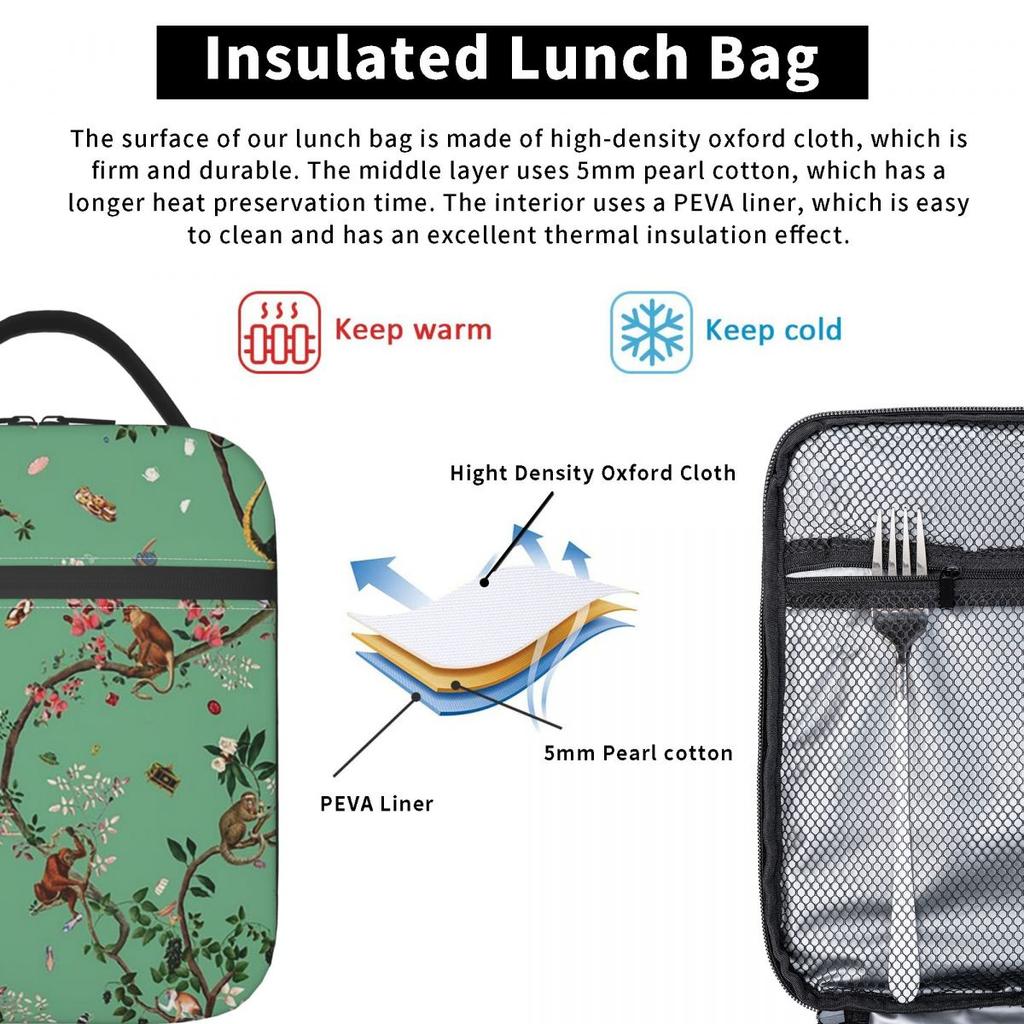 Monkey World Green Insulated Lunch Bag for Kids School Cooler Thermal Food Box Tote Leakproof Lunch Boxes Container