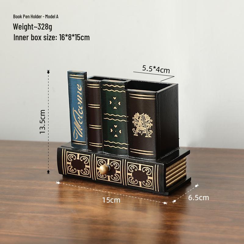American Retro Wooden Pen Holder: Multi-functional Fake Book Desktop Storage Box and Home Study Ornament.