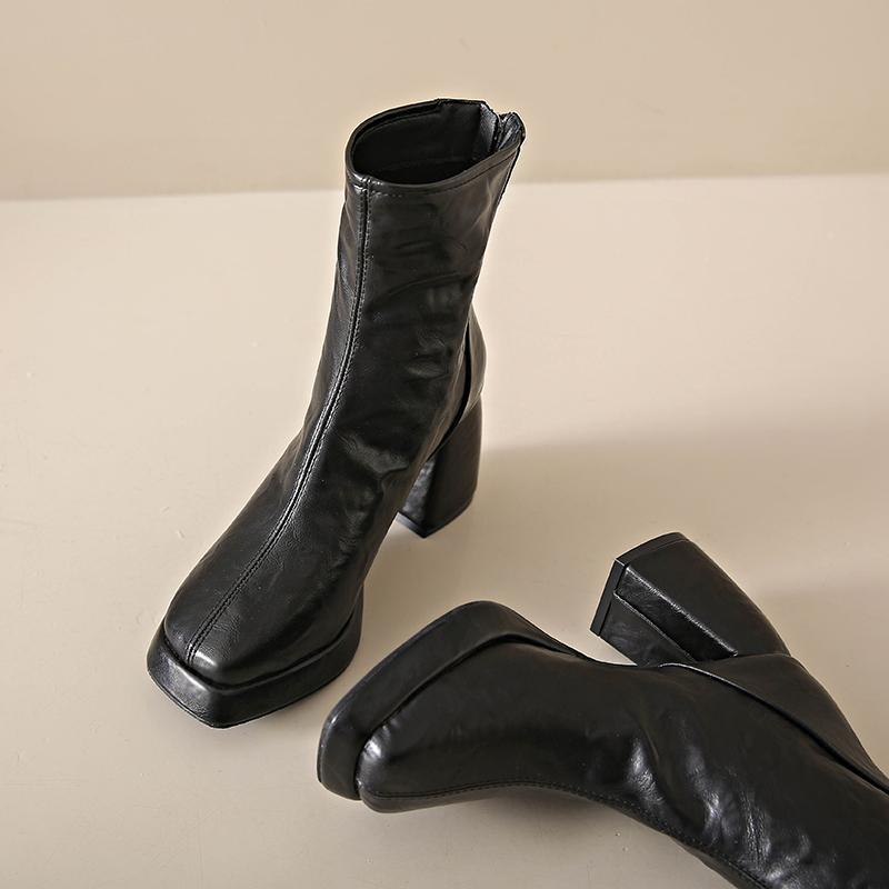 Fashion Retro Square Head Sheepskin Block Heel Booties Women's Back Zipper Platform High Heel Skinny Boots Fall Winter New