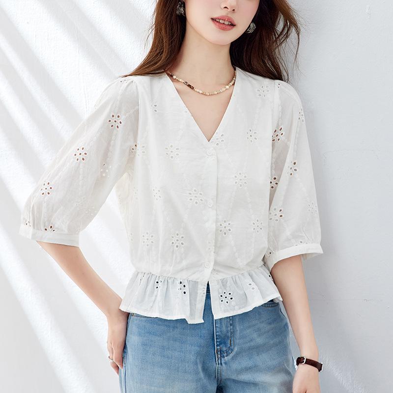 

Белая вышитая рубашка женская с короткими рукавами летняя новая с V-образным вырезом топ из чистого хлопка женская рубашка XXL белый