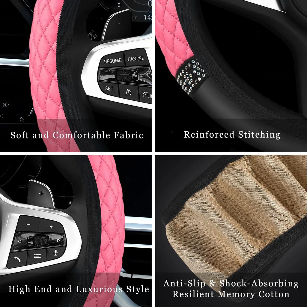 1PC Car Steering Wheel Cover High-grade Women's Splice Diamond Insert Without Inner Ring Non-slip PU Elastic Handlebar Cover