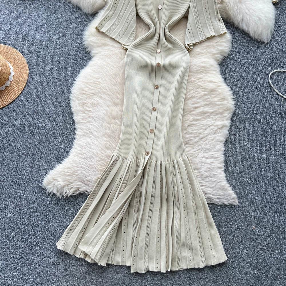 Sommer Damer Elegant V-hals Enkeltspent Strikket Futteral Genser Lang Maxi Fishtail Kjoler