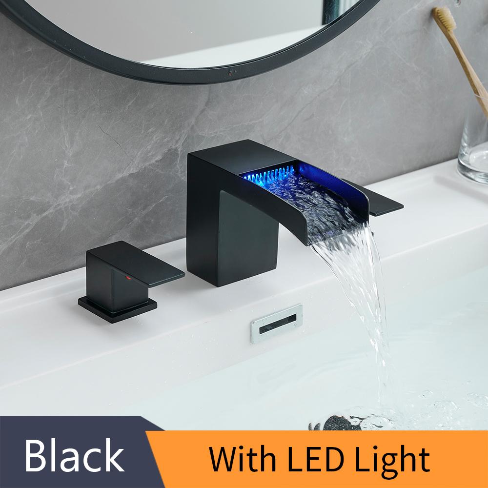 

Черный смеситель для ванной 3 отверстия две ручки смеситель для раковины для туалетного столика широко распространенный 8 дюймов смеситель для раковины, водопадный светодиодный смеситель