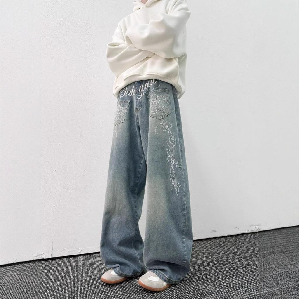 Vintage embroidered curved knife jeans for men and women, new autumn high street design loose, slimming straight-leg wide-leg pants
