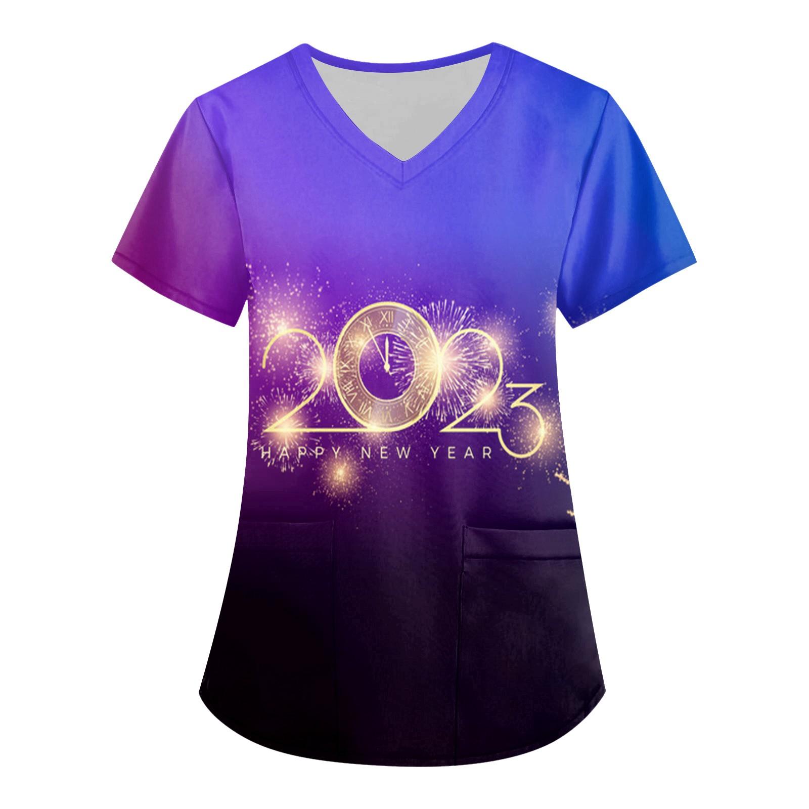 

Женская мода 2024, новогодние топы с принтом и короткими рукавами и V-образным вырезом, рабочие футболки с карманами XXXL фиолетовый