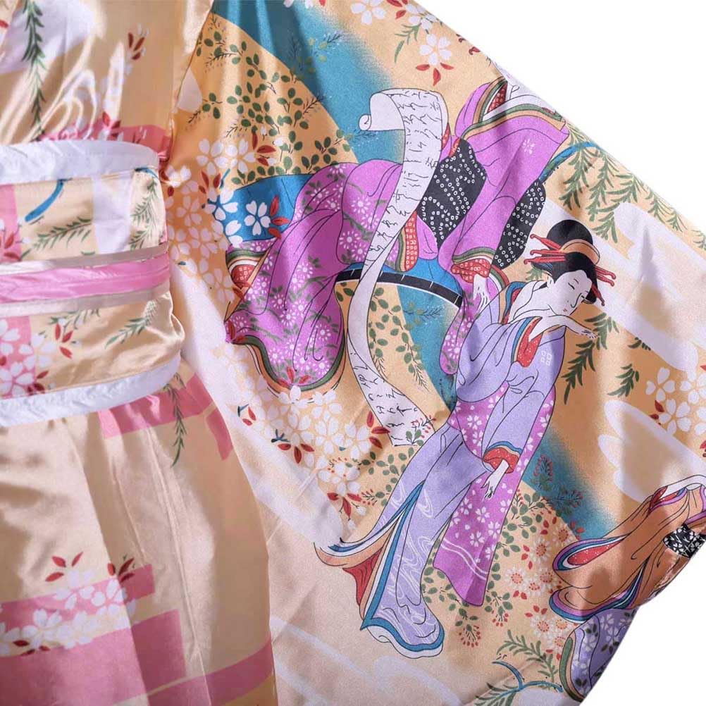 Long Kimono Japanese Stage Costume with Japanese Pattern Women's Dress, Ukiyo-e Style, Yukata, Geisha, Dance, (KL06-Light Gold)