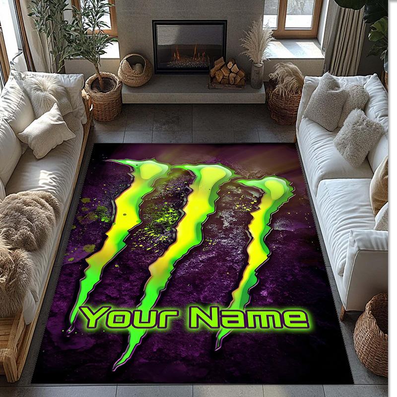 Tappeto Monster Energy Crystal Velvet, Tappetino Antiscivolo Personalizzato con Nome Testo per Arredamento Casa Regalo