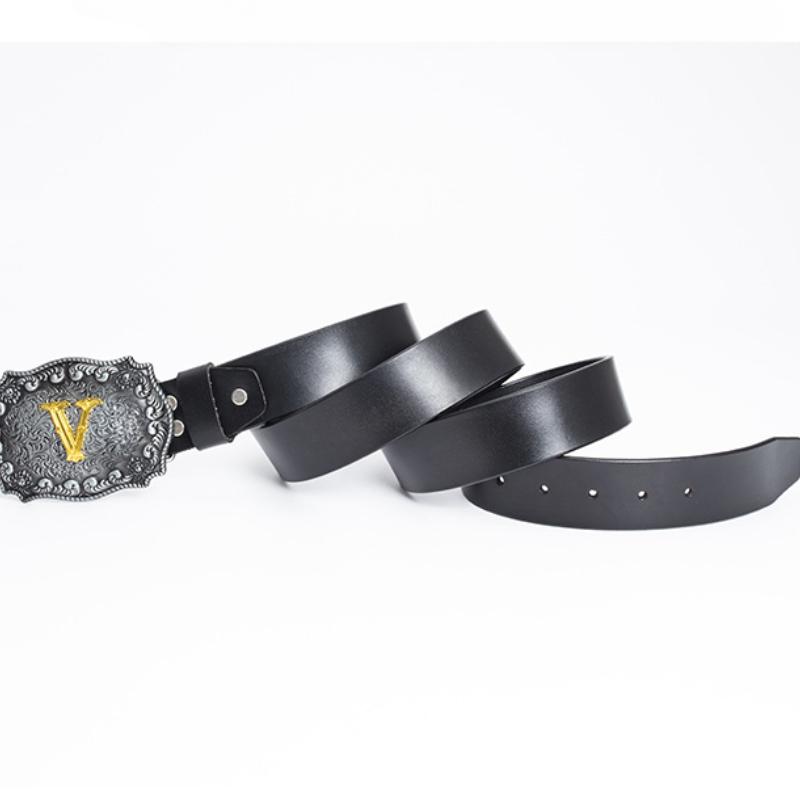 Retro Punk Two-layer Pure Cowhide Smooth Buckle Belt Men's W Letter Whole Leather Belt Jeans Belt