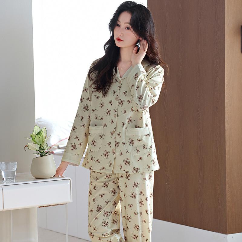 Pajamas women's spring and autumn pure cotton long-sleeved autumn cotton thin middle-aged mother loose large size autumn loungewear