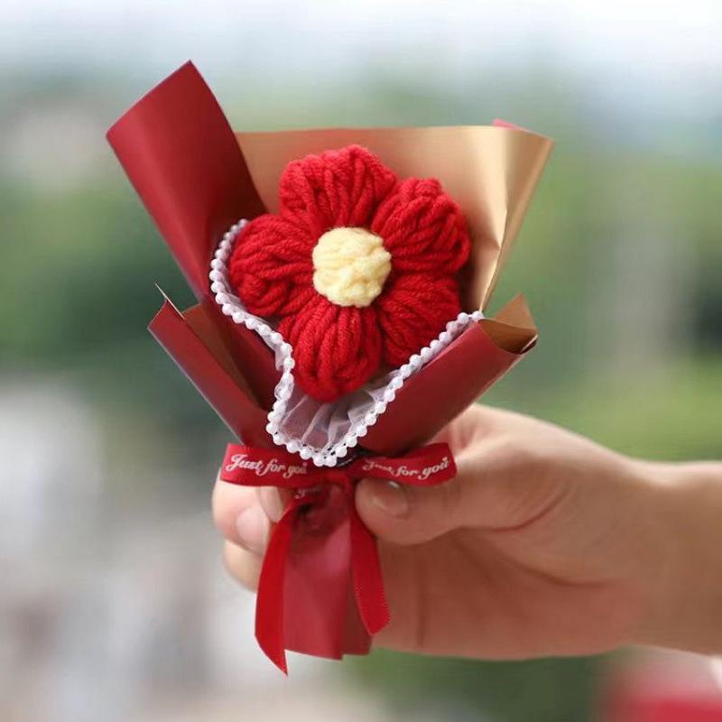 Mini Woven Persimmon Sunflower Birthday Bouquet & Women s Day Wool Knit Gift Box