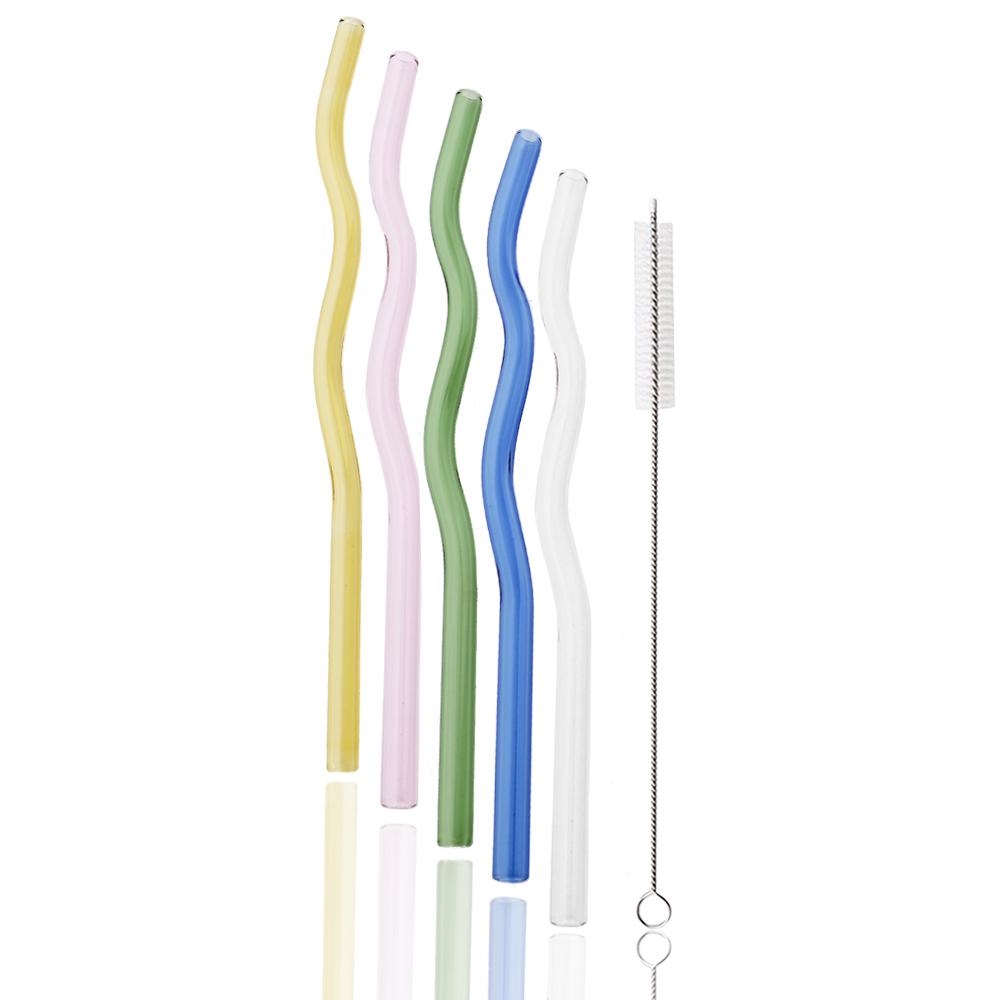 6Pcs 200*8mm Glass Straws Wavy Pink Drinking Straw Set with Brush High Borosilicate Glass Straw Kitchen Party Bar Drinkware