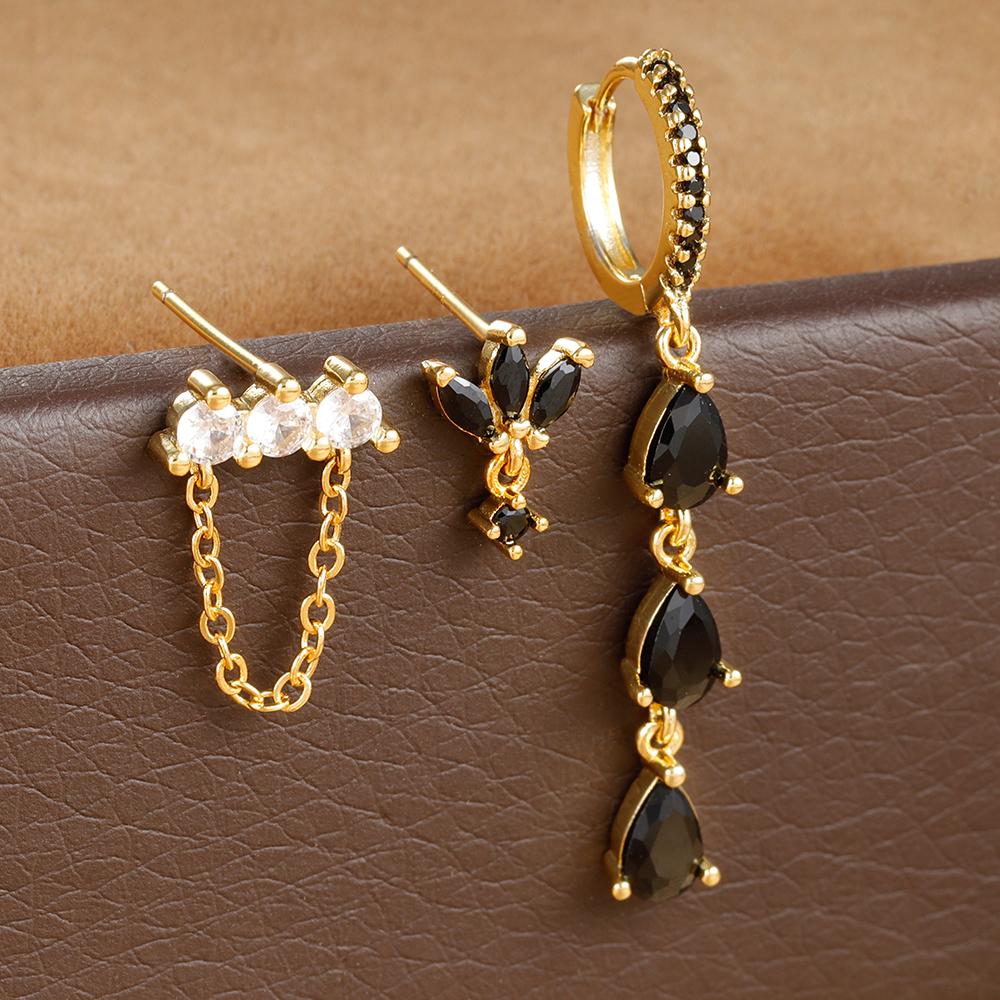 3PCS Stainless Steel Long Chain Two Hole Piercing Earrings Set for Women Tassel Horse Eye Zircon Small Hoop Earrings Jewelry