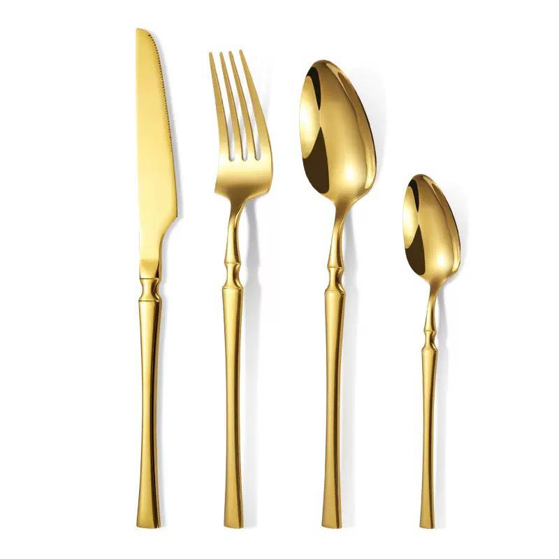 Gold 24-Piece Stainless Steel Cutlery Set: Elegant Steak Knife, Fork, and Spoon for Western Cuisine.