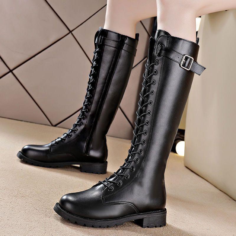 Mais bottes Martin au genou pour femmes 2025 hiver nouvelles bottes simples velours étudiant longues bottes fines à lacets version coréenne bottes pour femmes