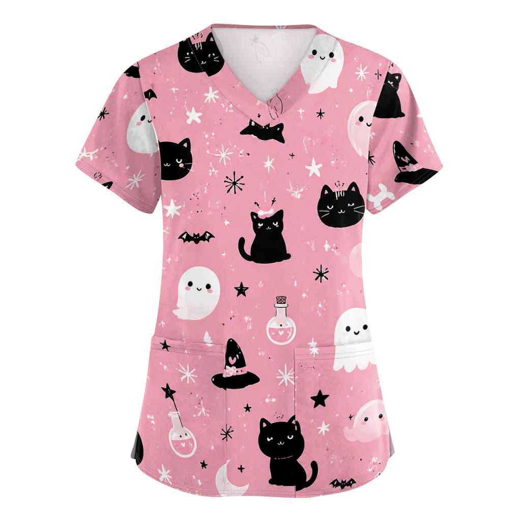 Women V Neck Halloween Print Short Sleeve Medical Scrub Top with Pocket Side Slit Design Comfortable Fit Workwear