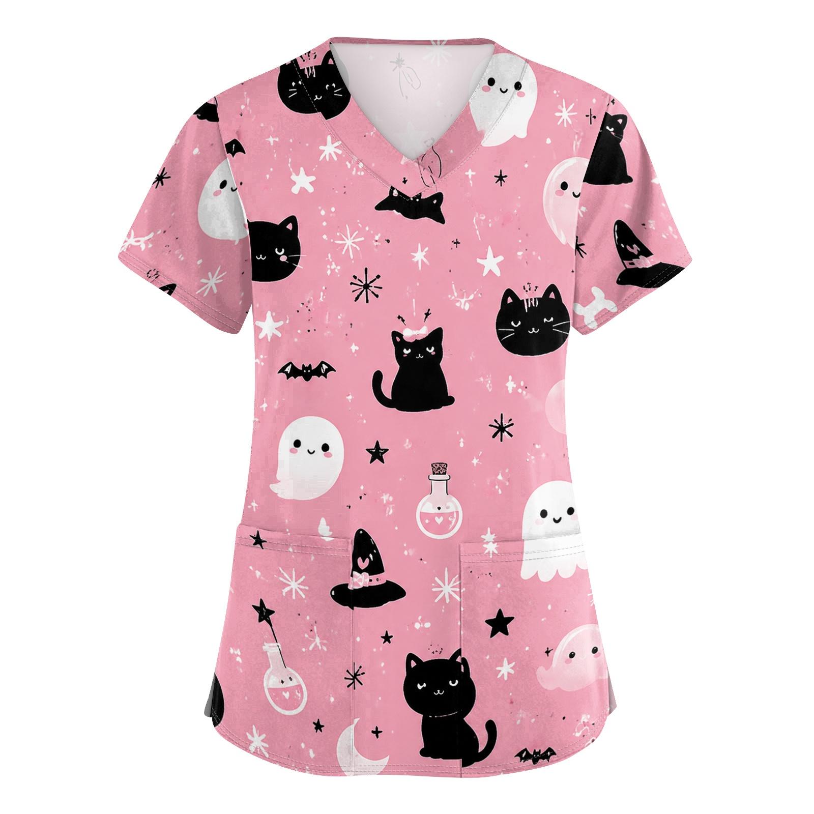 Damen V-Ausschnitt Halloween-Print Kurzarm Medizinischer Kasack mit Tasche Seitenschlitz Design Bequeme Passform Arbeitskleidung XL rosa