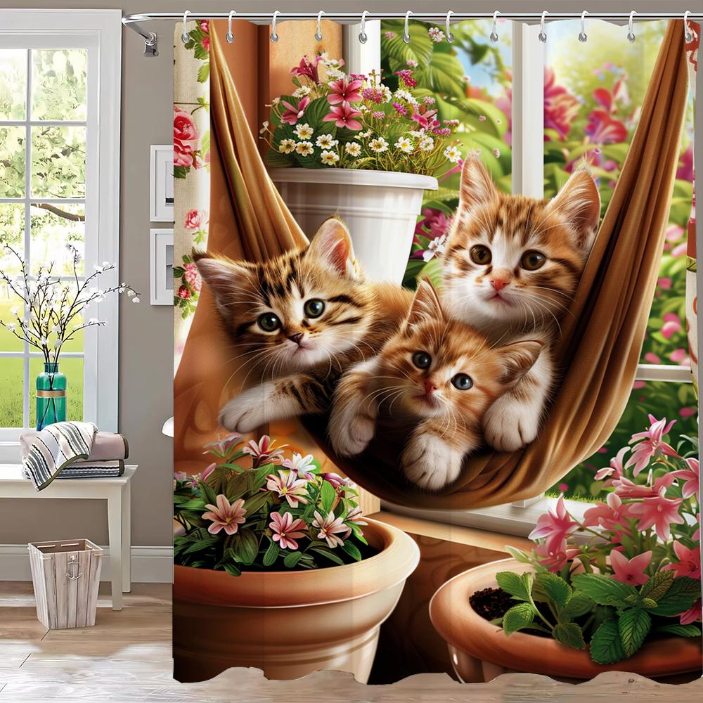 1 Piece Cute Cat in Hammock in the Garden Shower Curtain, Bathroom Curtain with Hooks,Printed Polyester Home Decorative Curtain