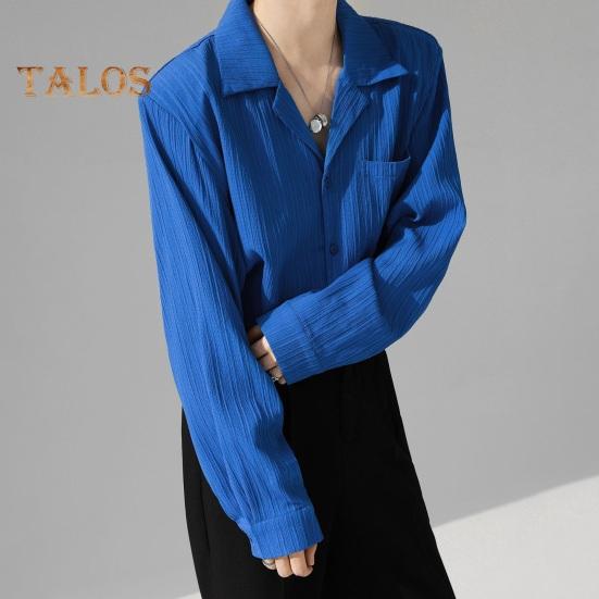 Pánská košile s kubánským límcem, dlouhý rukáv, pruhovaná, texturovaná, na knoflíky, volný střih, jednobarevná, ležérní košile pro každodenní nošení, dovolenou, práci